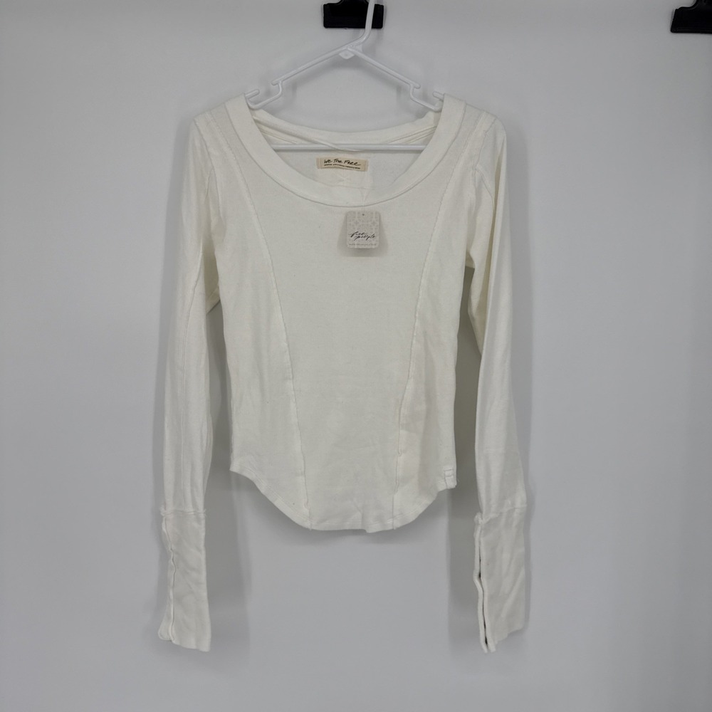 NWT Free People Stuck On You Cuff Top White M Cuffed Sleeve Boho Chic Ribbed